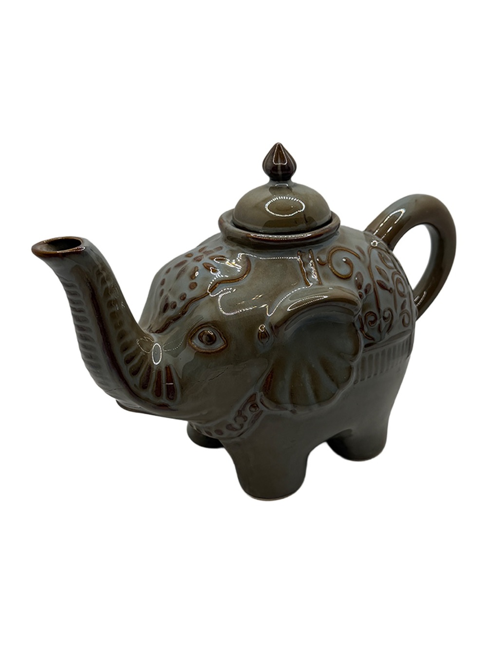 Pier 1 Glazed Elephant Ceramic Teapot in Gray and Brown